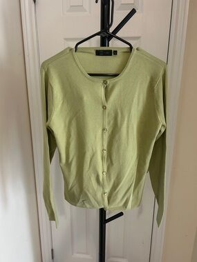 Coldwater Creek Light Green Pearl-Button Crewneck Cardigan